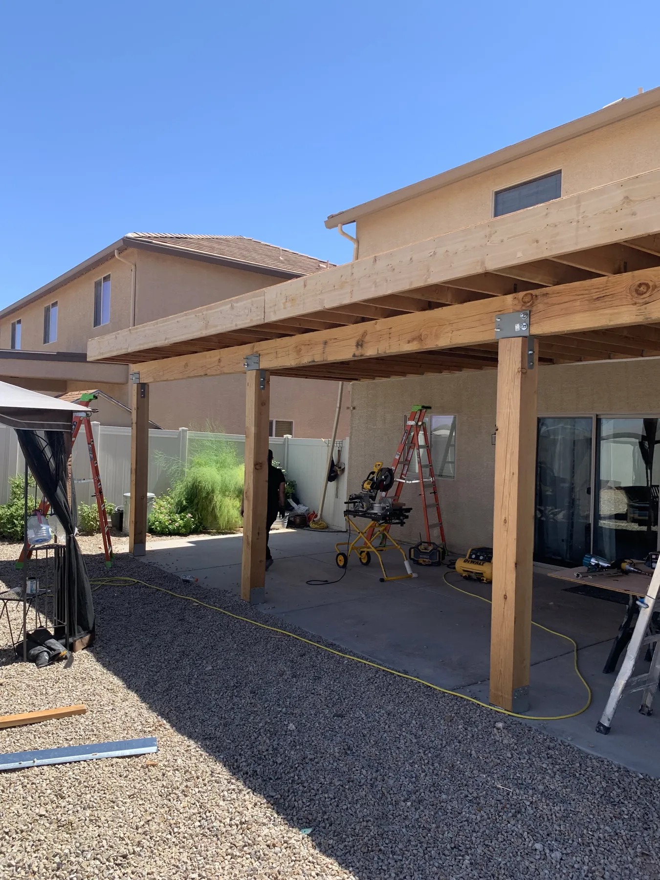 Covered deck structure during framing