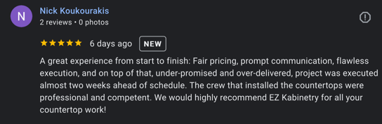 Google review from Nick Koukourakis describing fair pricing, communication and professional countertop work