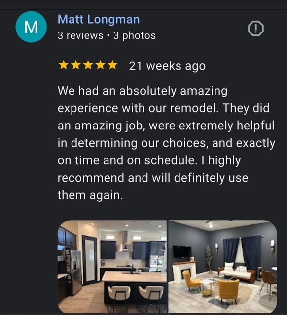 Five-star Google review from Matt Longman about an on-time remodeling experience