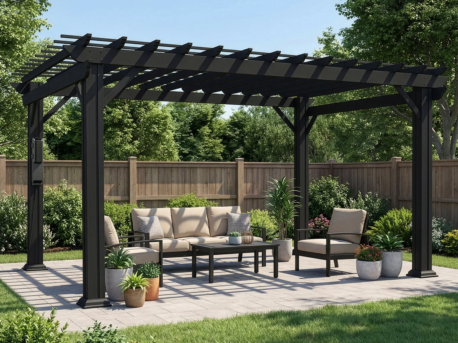 RANGE Stratford black steel pergola over a seating area